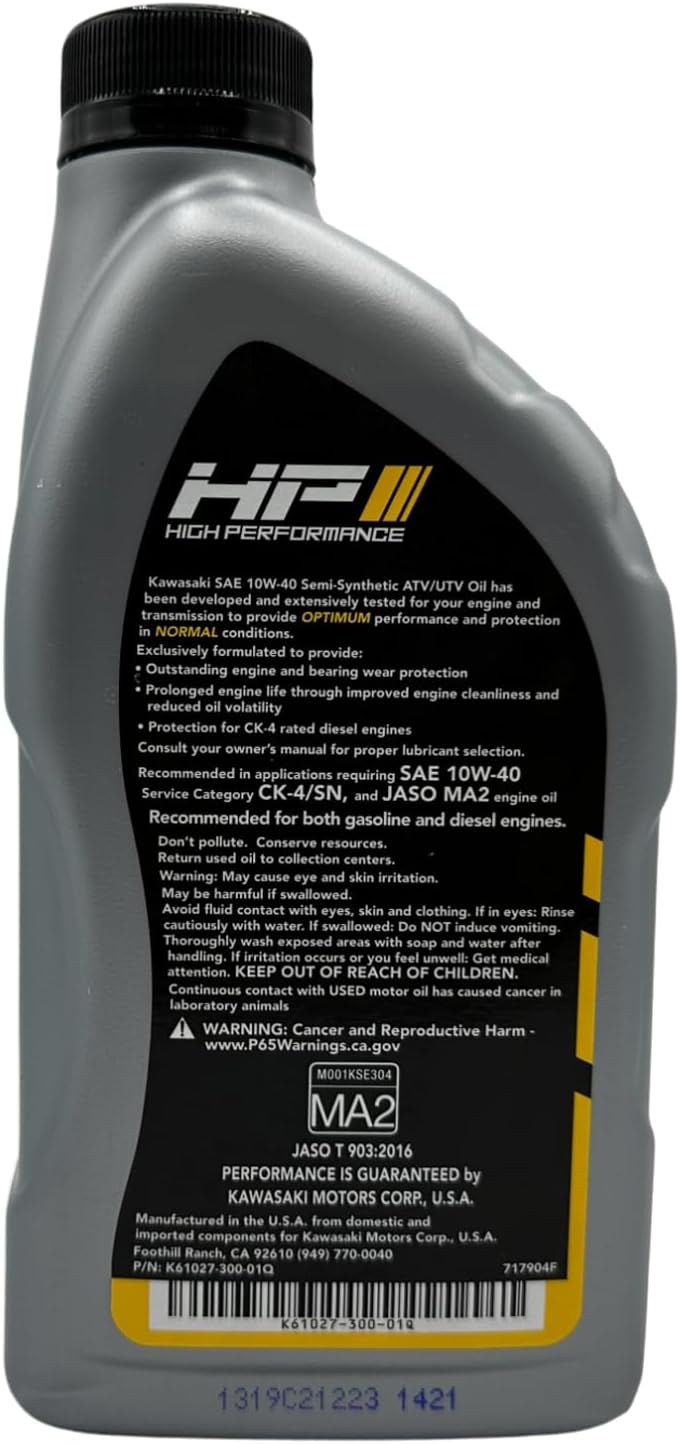 Kawasaki KPO UTV & ATV Semi-Synthetic 4-Stroke Engine Oil, Quart, 10W-40